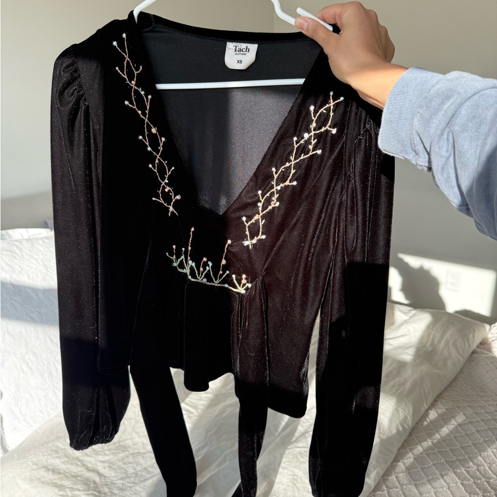 TACH Black V-Neck Top with Pastel Floral Embroidery